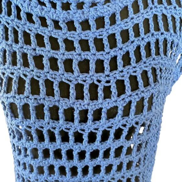 Handmade  Crochet Bathing Suit Cover-Up – Blue Mesh Tunic Size L/XL - Picture 2 of 3